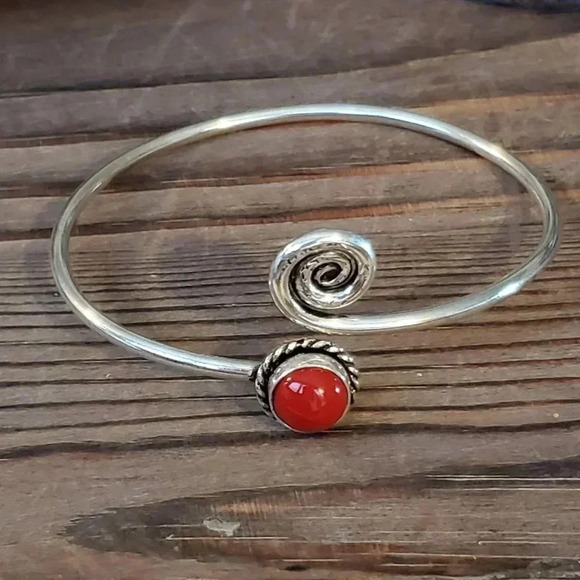 Handcrafted Red Coral Swirl Gemstone Sterling Silver Overlay Artisan Cuff Bracel - Picture 6 of 7